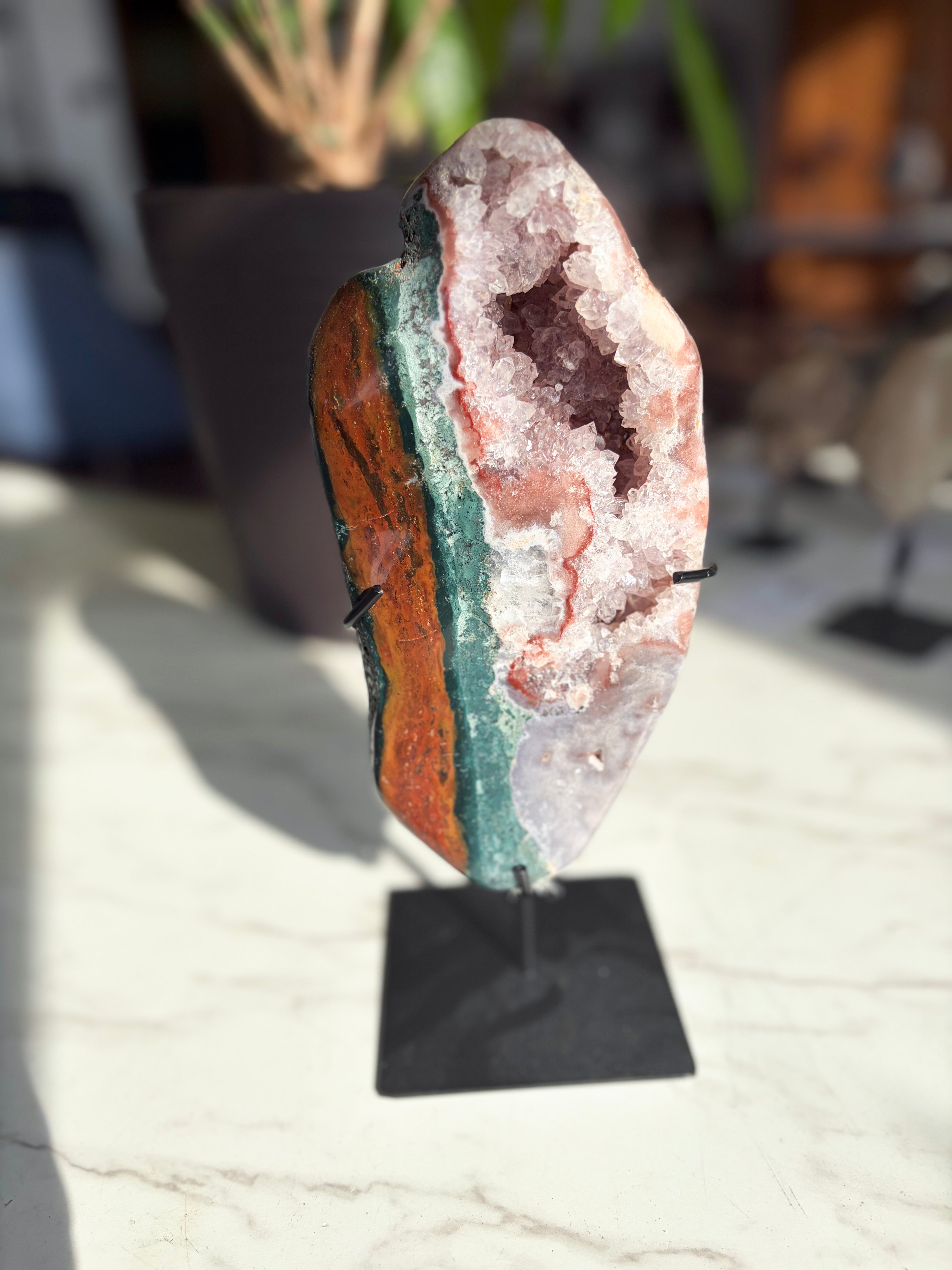 polished piece combining delicate pink amethyst with vibrant red and green jasper with druzy crystals