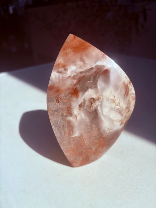Statement piece amphibole quartz with deep reds and delicate white inclusions