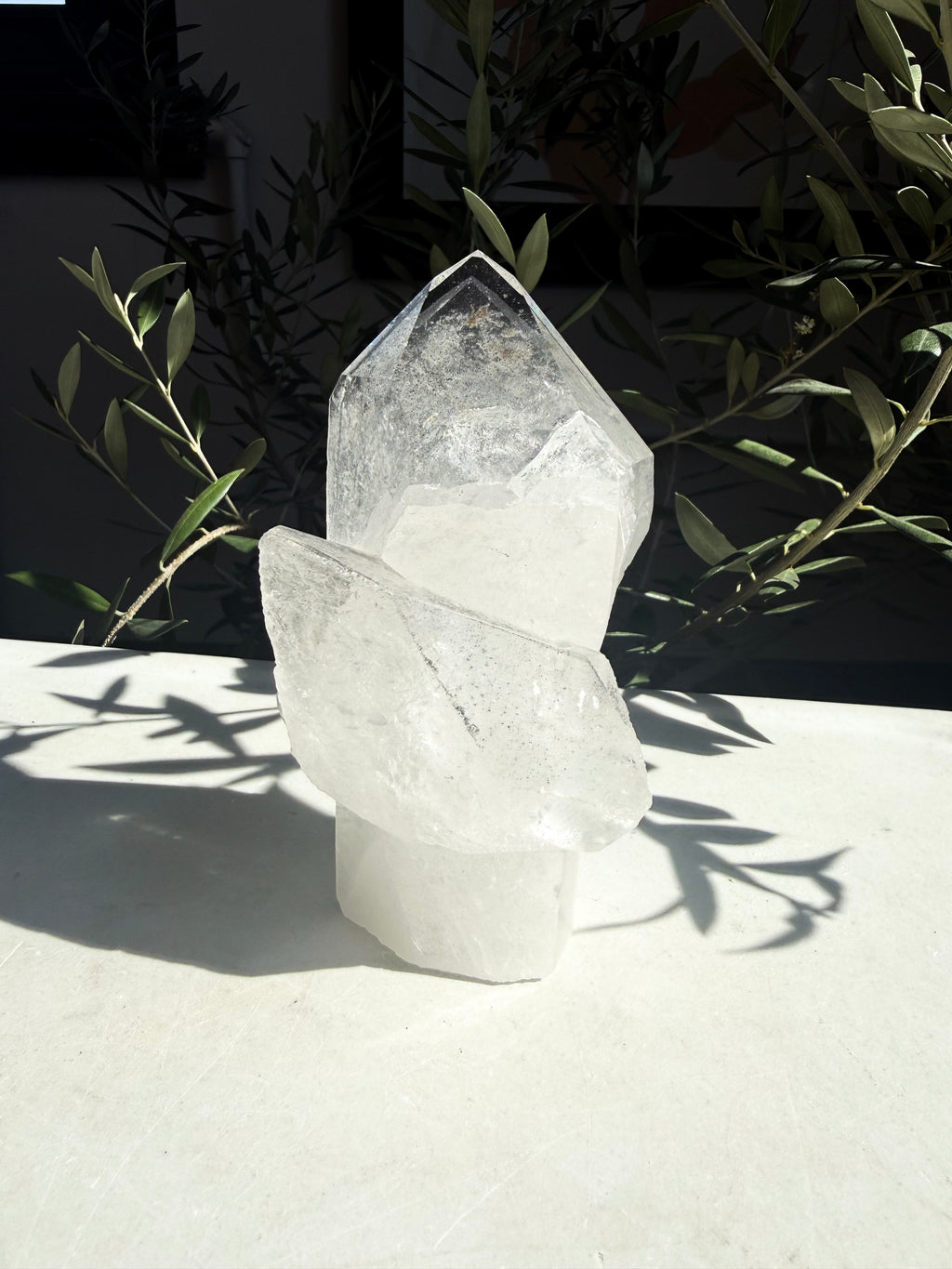 phantom lemurian quartz cluster on marble counter