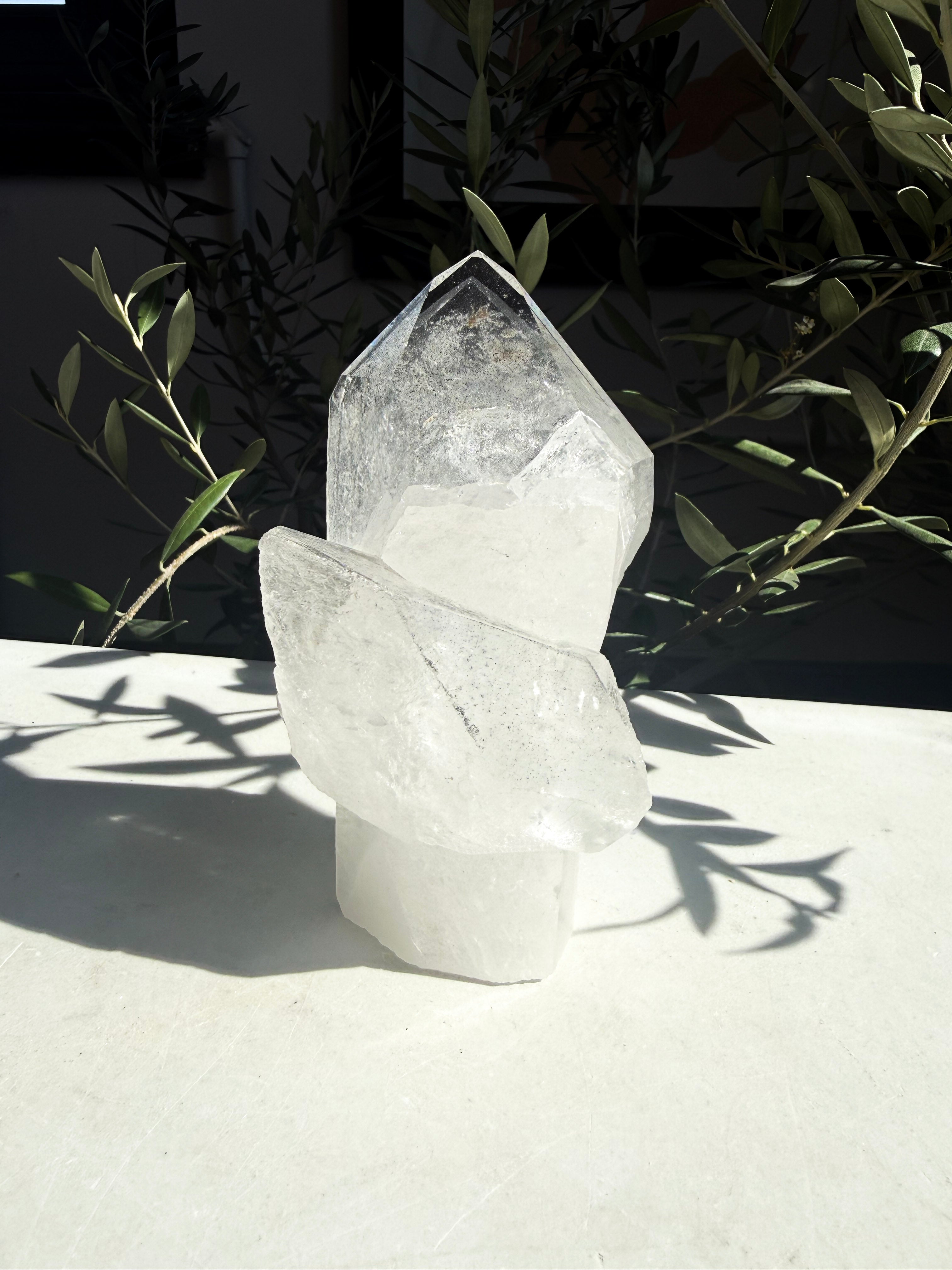 phantom lemurian quartz cluster on marble counter