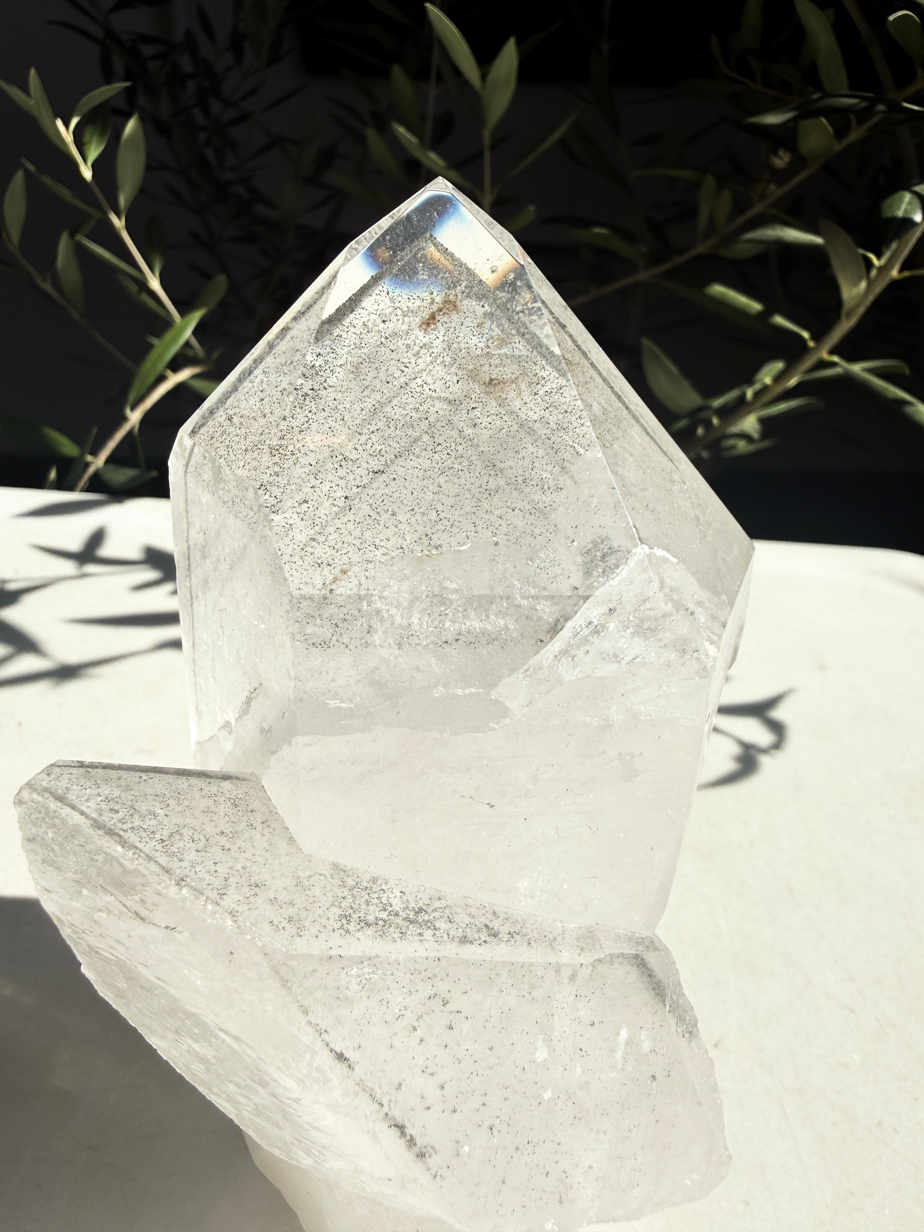 close up of natural black phantom lemurian quartz cluster