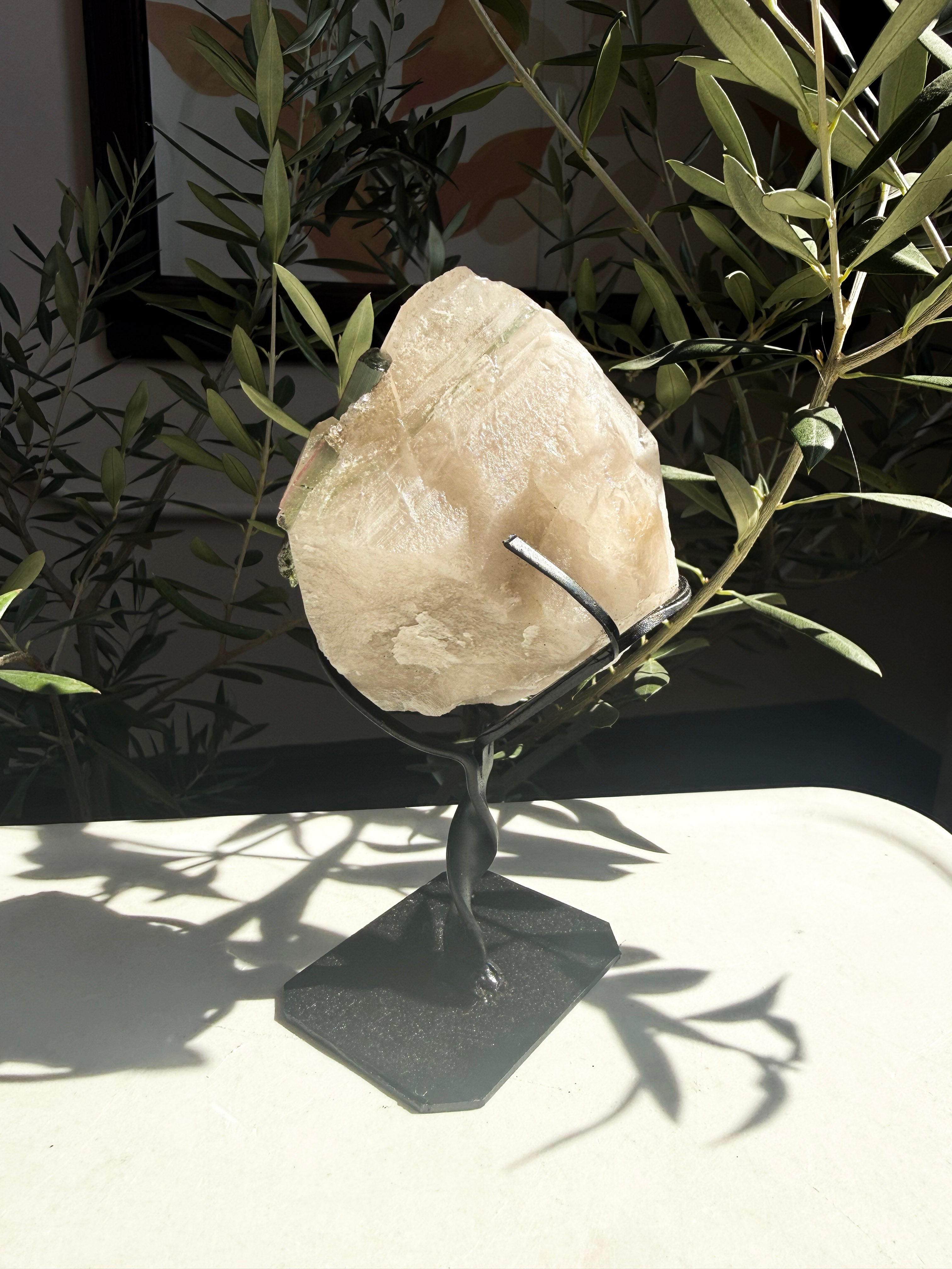 natural citrine matrix on metal stand surrounded by greenery