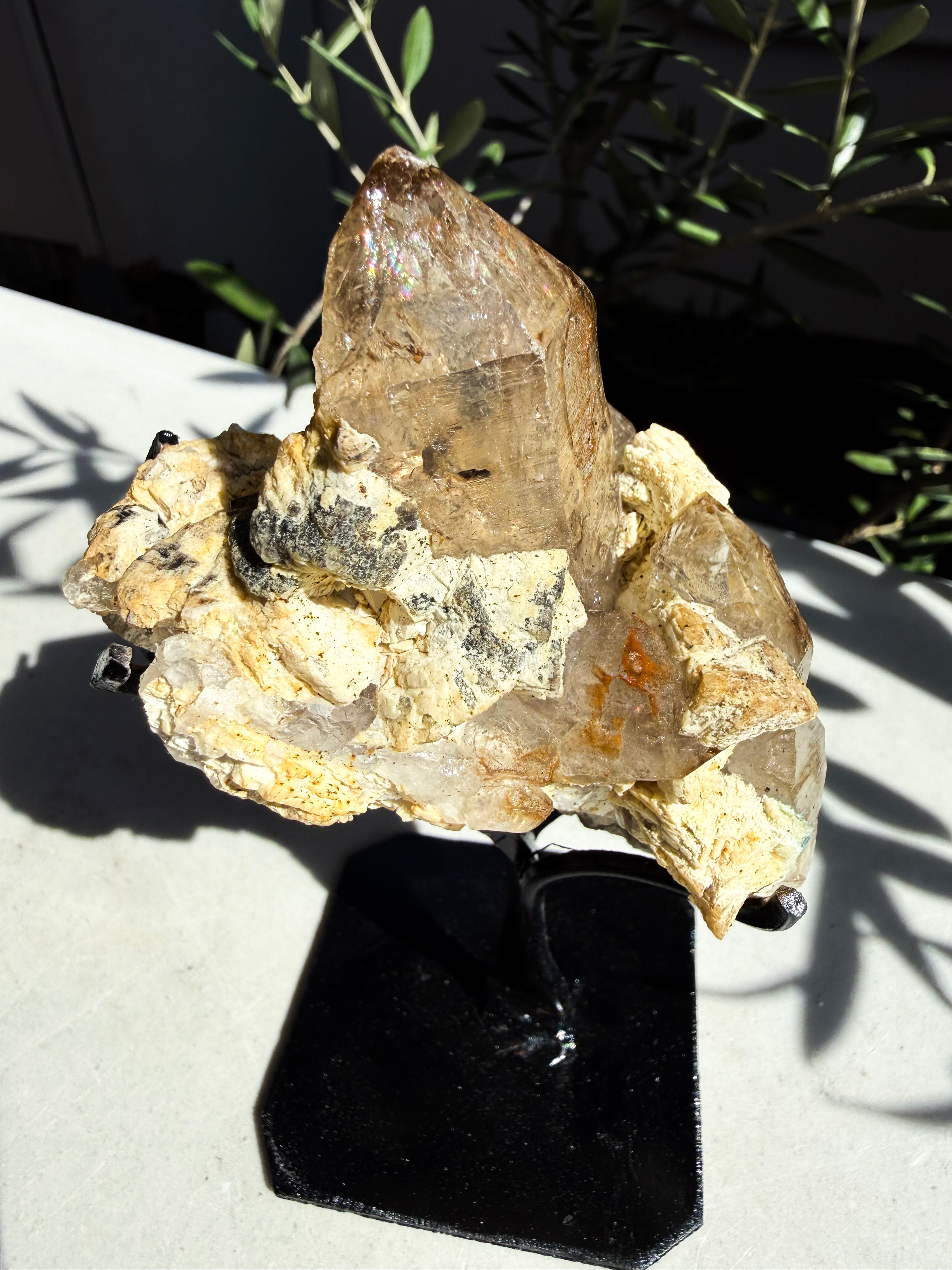 Natural smoky quartz with feldspar and lepidolite on custom stand
