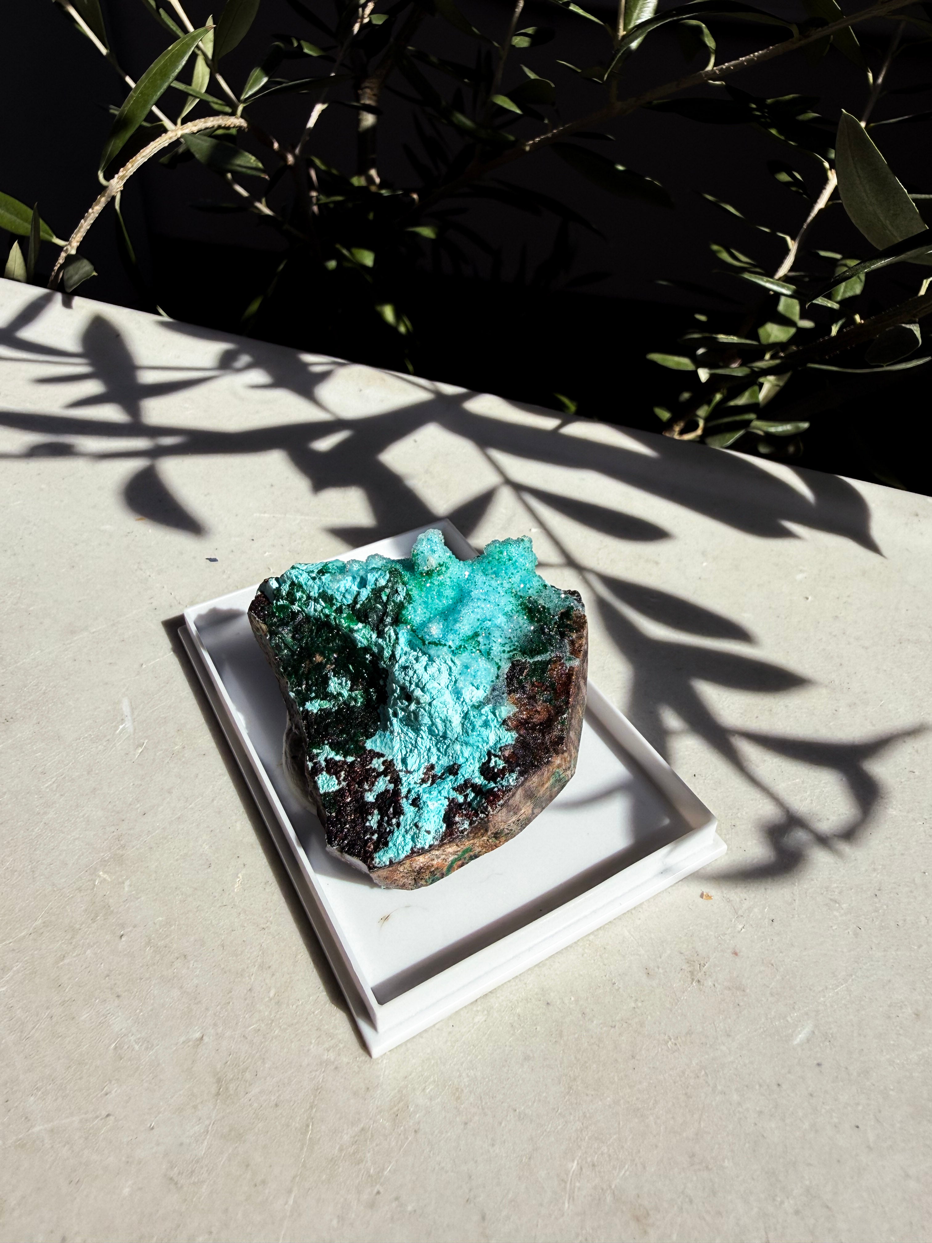 Chrysocolla, Barite, Quartz and Malachite specimen in display box