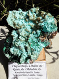 Chrysocolla, Barite, Quartz, Malachite and pseudomorph mounted on a wooden base