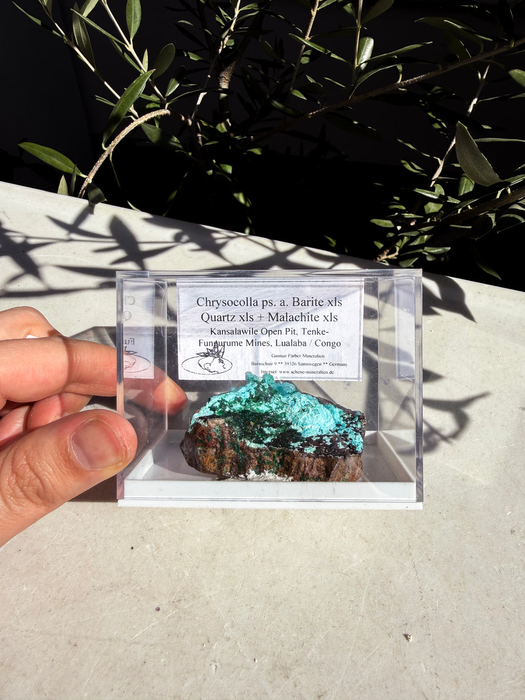 Chrysocolla, Barite, Quartz, Malachite in plastic box with locale card