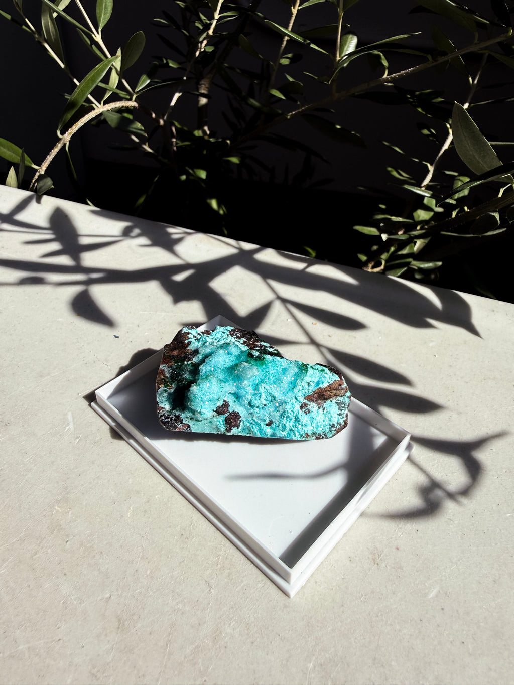 Chrysocolla, Barite, Quartz and Malachite specimen in white plastic display box