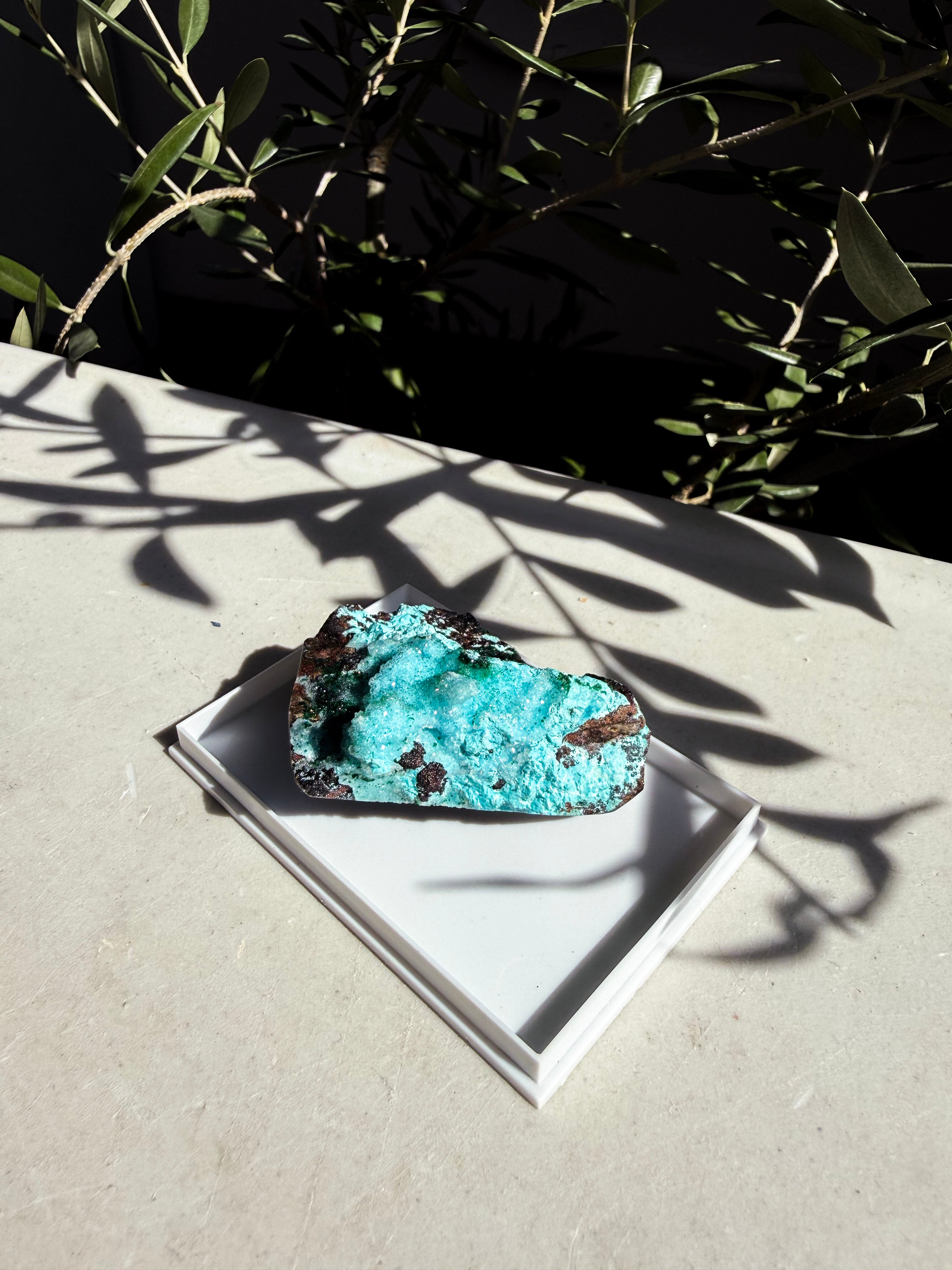 Chrysocolla, Barite, Quartz and Malachite specimen in white plastic display box