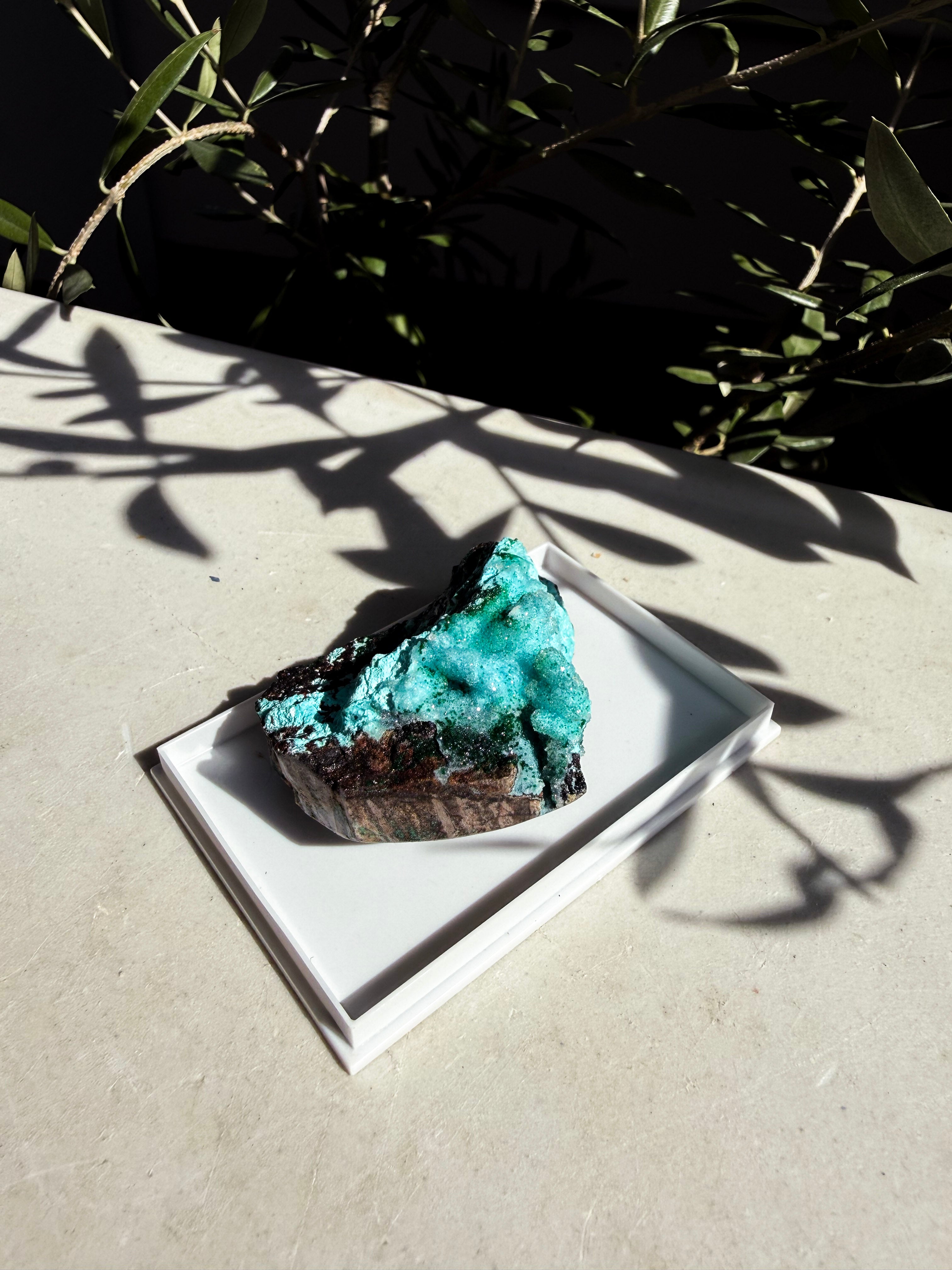 Chrysocolla, Barite, Quartz & Malachite specimen in white box