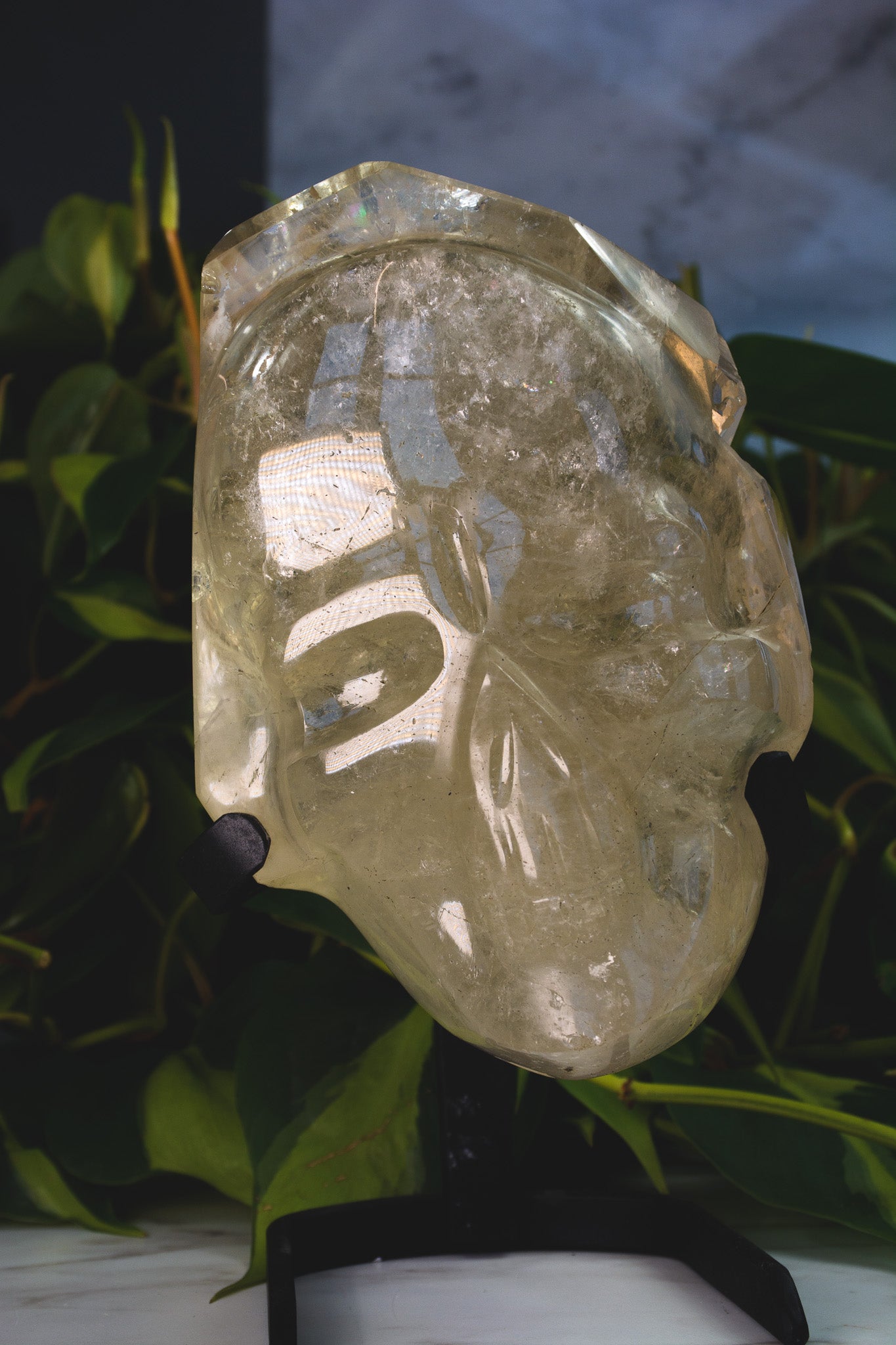 Large Hand polished Quartz Skull Shaped Specimen on Stand