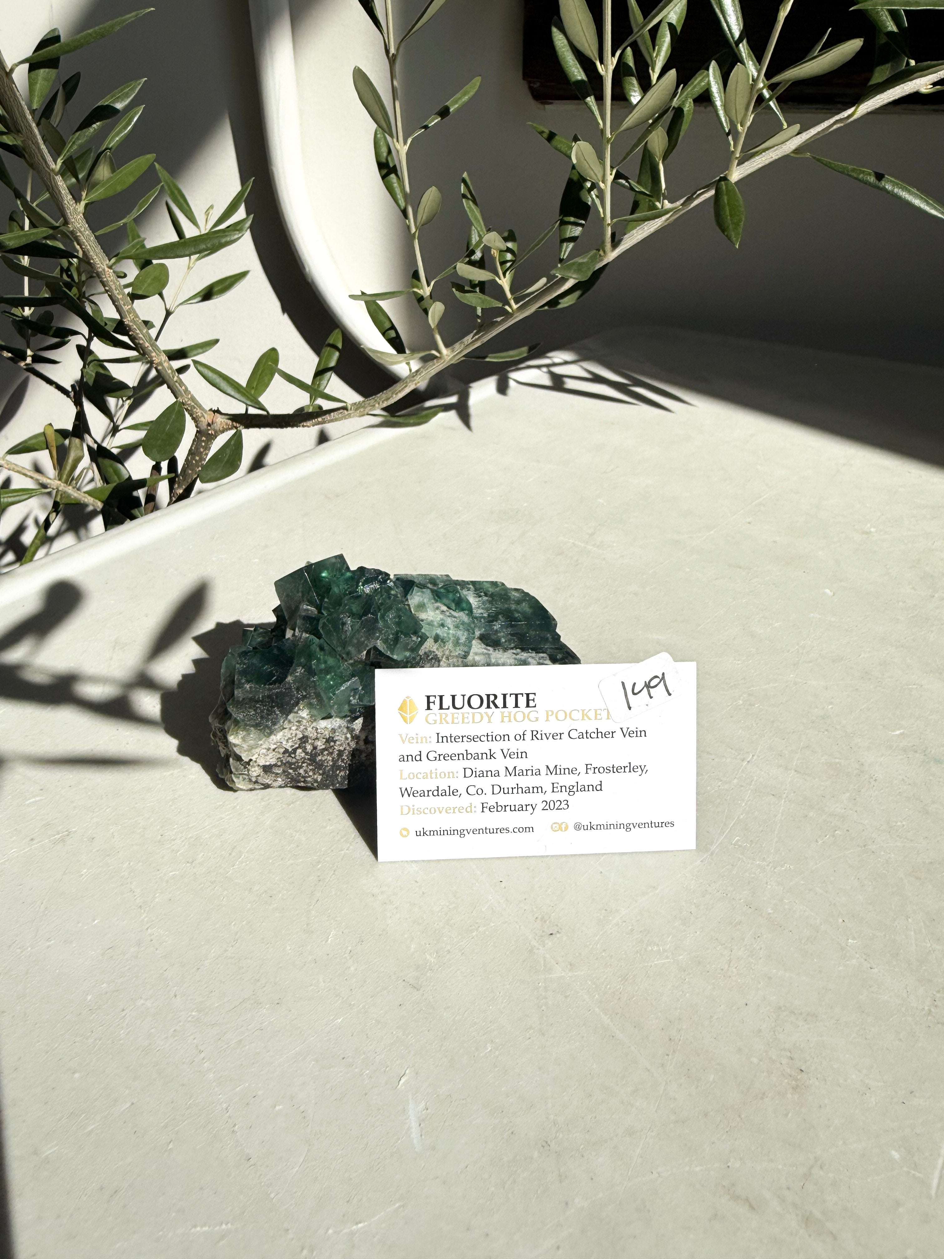 green flourite with locale card in front on marble counter