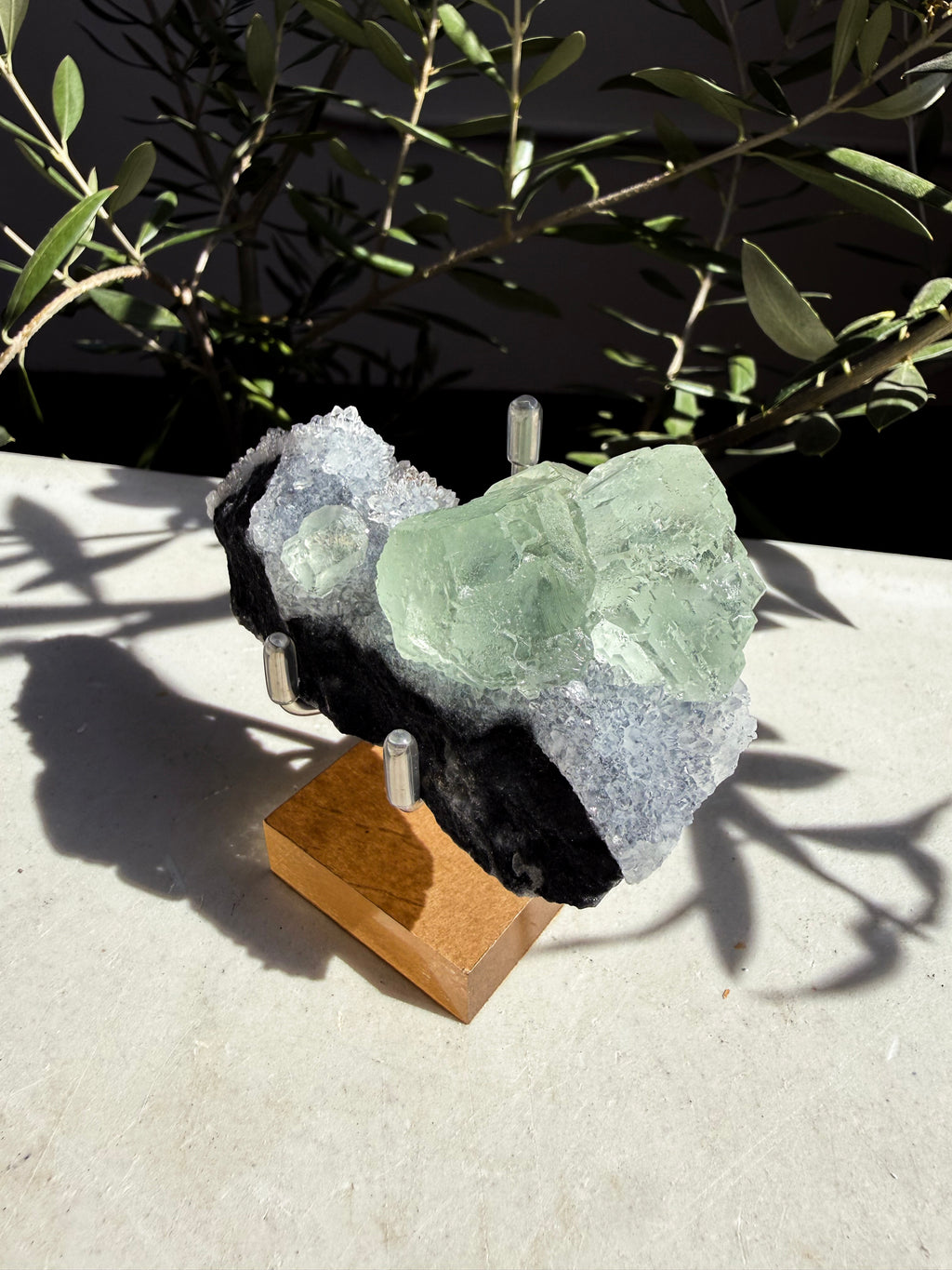 Chinese seafoam Fluorite Quartz on wooden and metal stand on marble counter