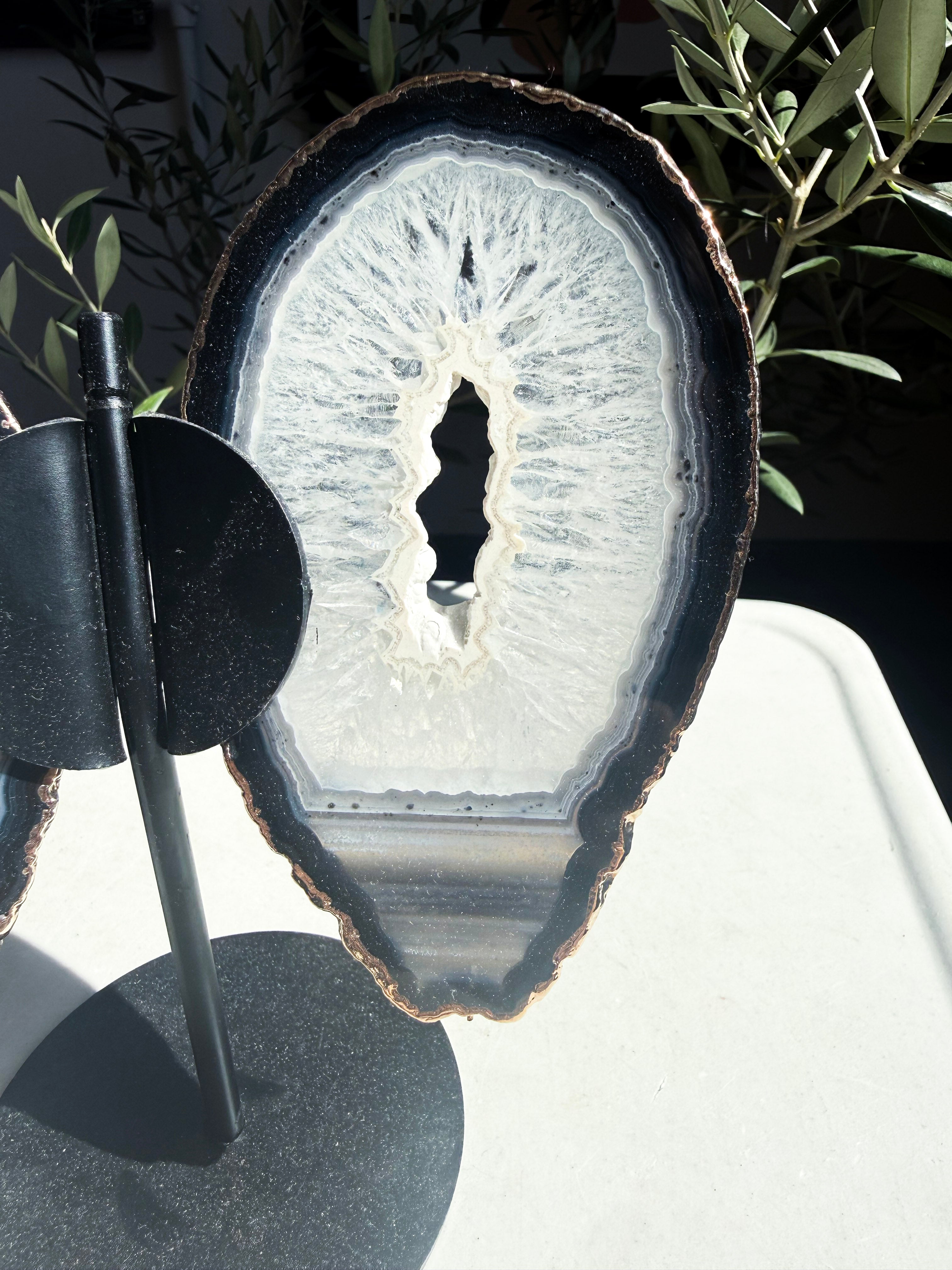 Close up of single Navy, blue, and white gold-plated agate wing on a metal stand