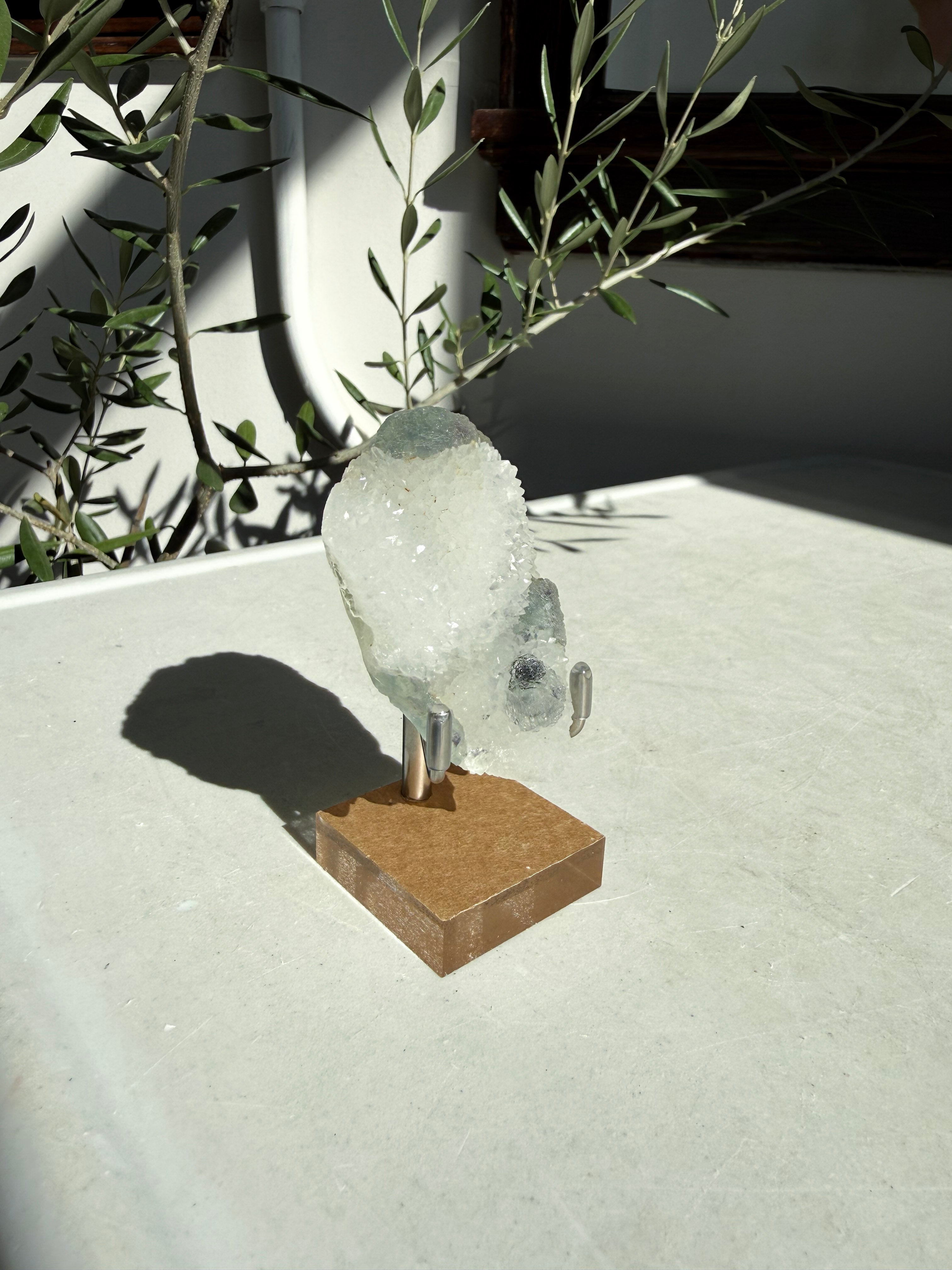 side view of small fujian fluorite druzy quartz on wooden and metal stand 