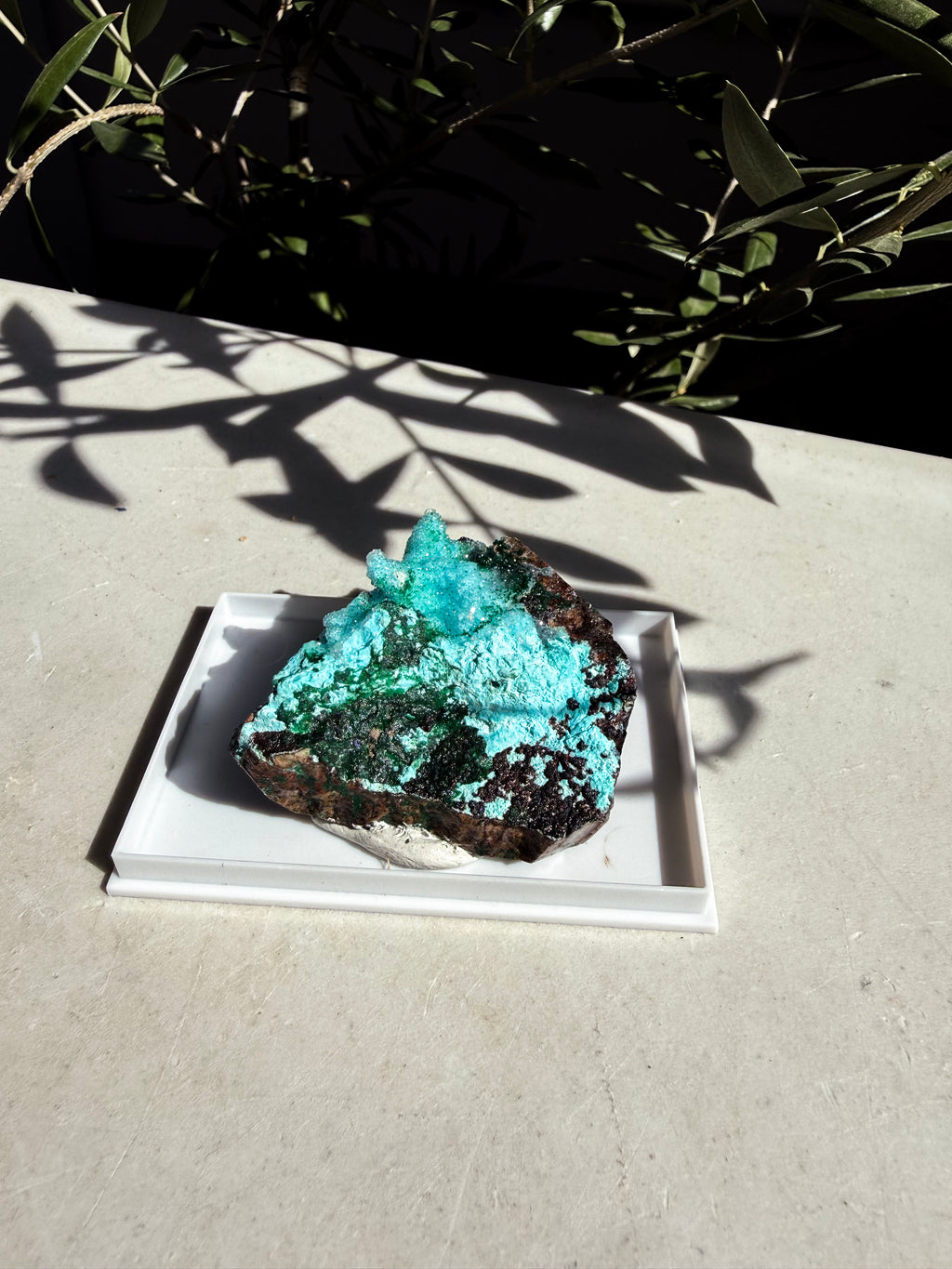 Chrysocolla, Barite, Quartz & Malachite specimen in white box on marble counter