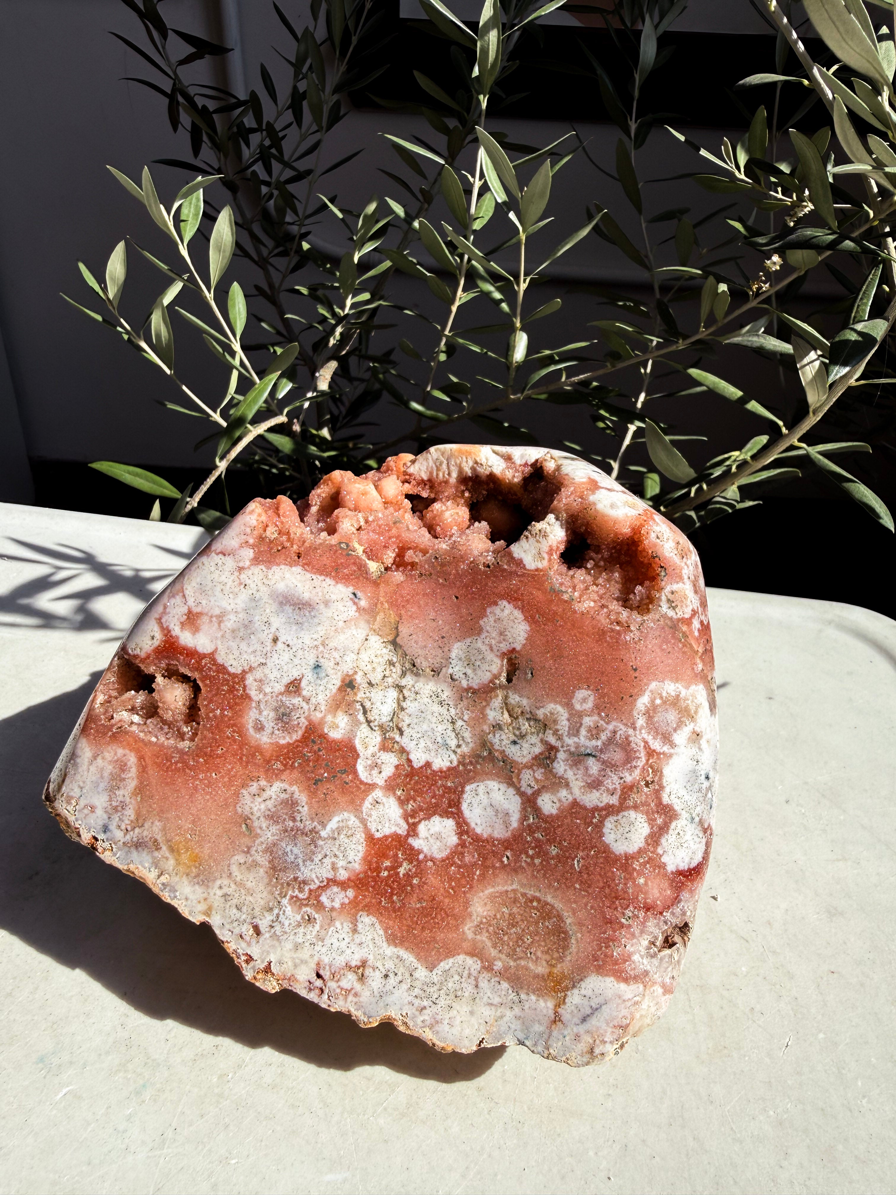 pink amethyst freeform with botryoidal druzy and quartz