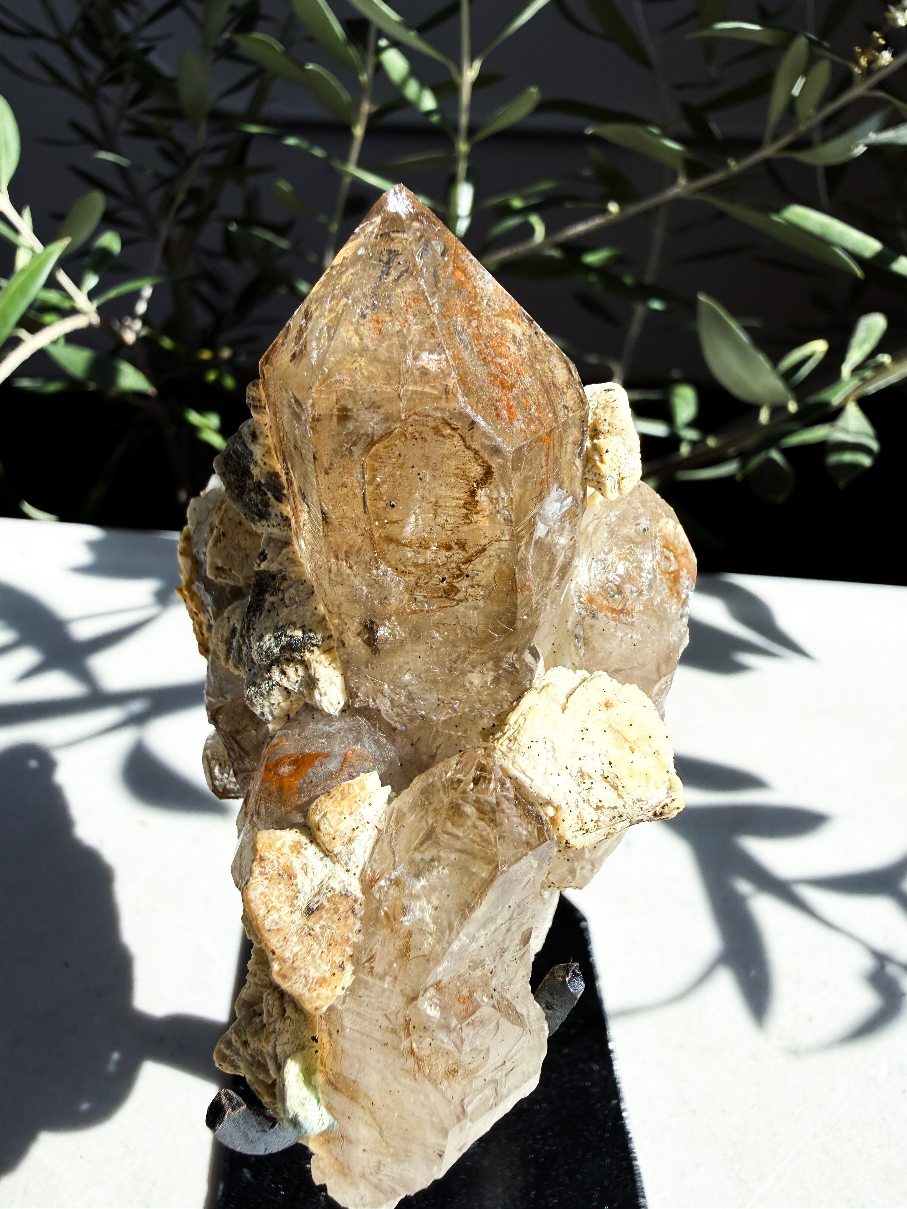 smoky quartz with feldspar and lepidolite on custom stand