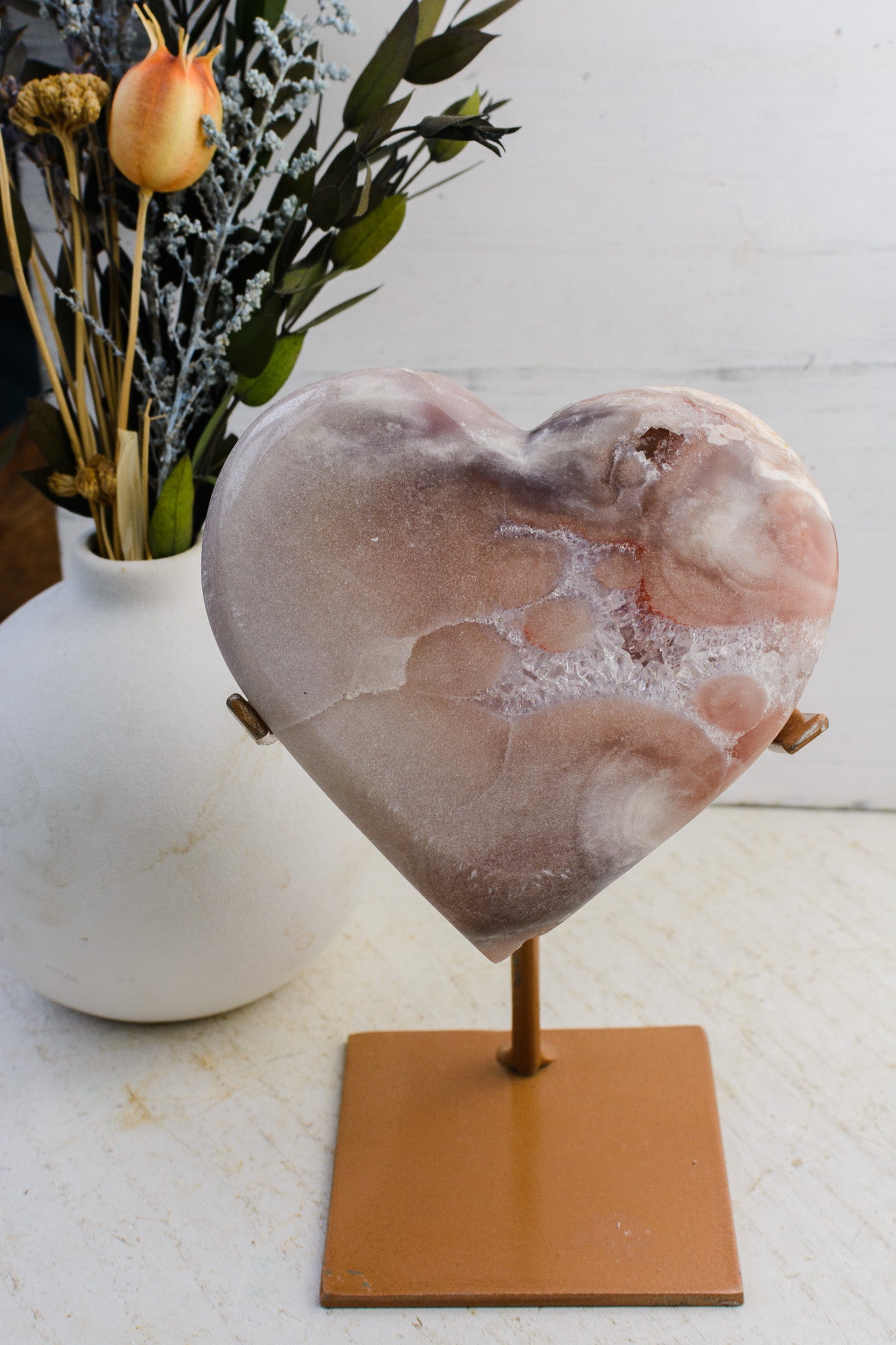 Pink Amethyst Heart on Custom Stand