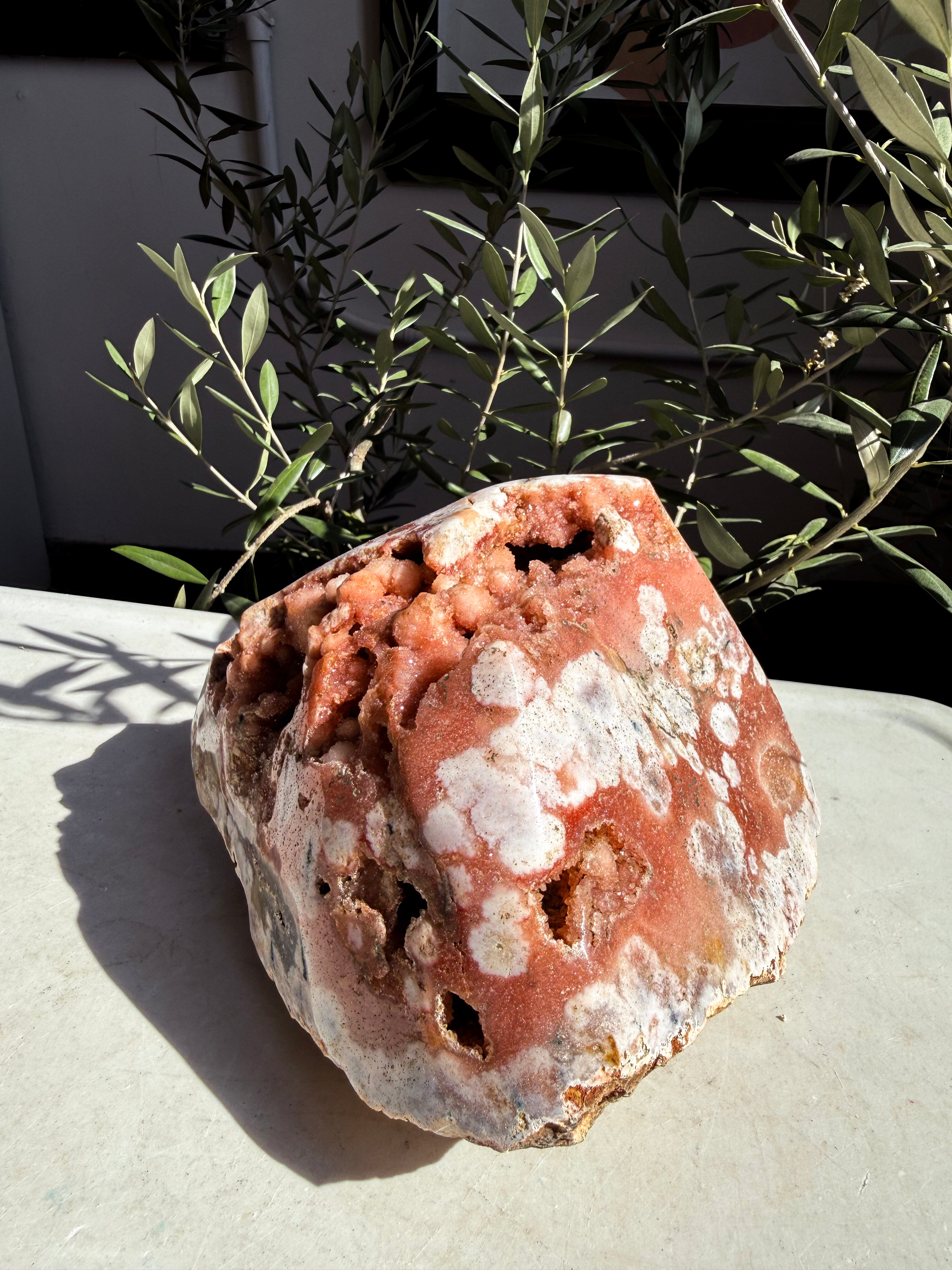 Large pink amethyst freeform with botryoidal druzy and quartz inclusions