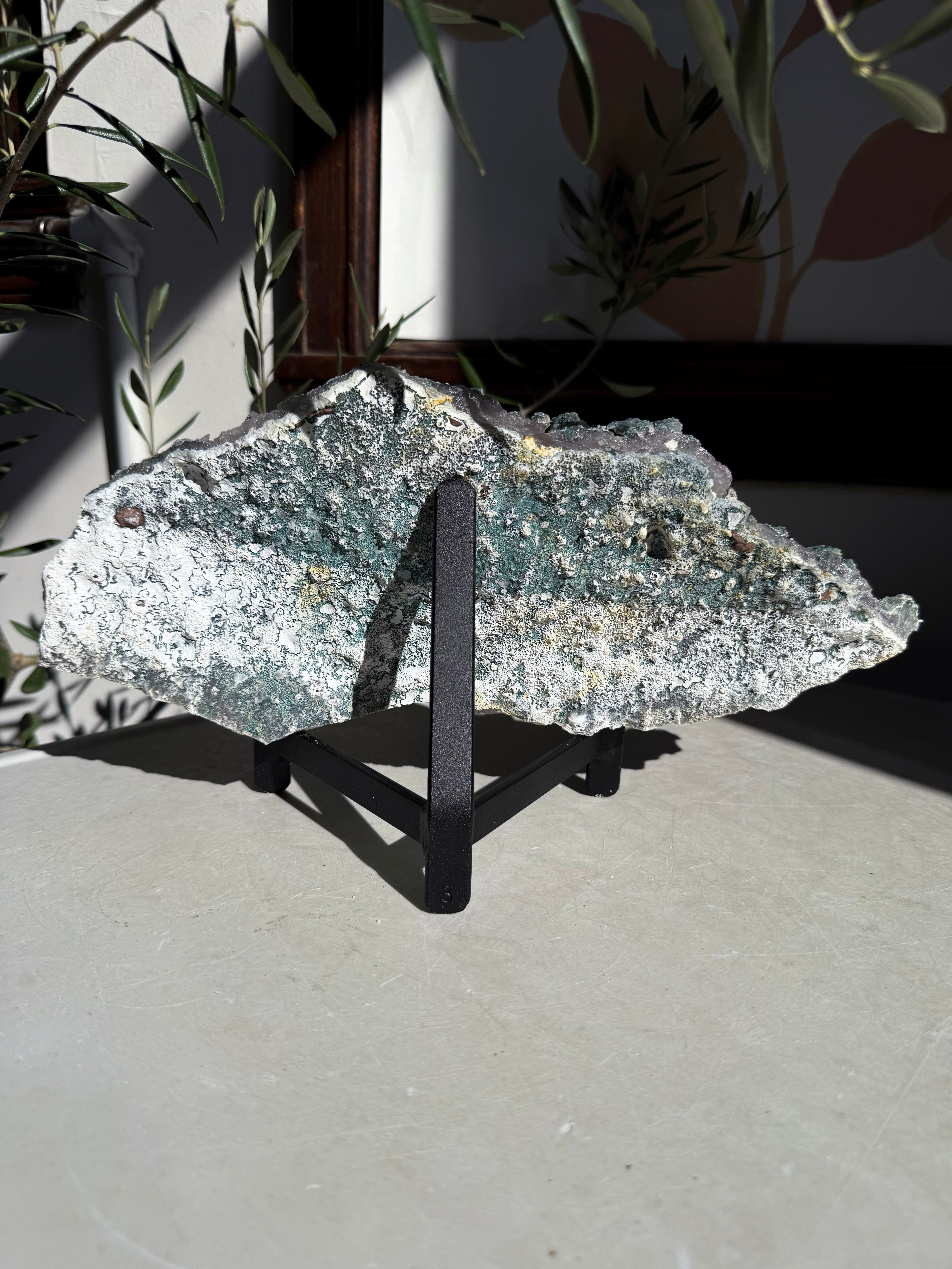 emerald green amethyst flower plate on metal stand. 