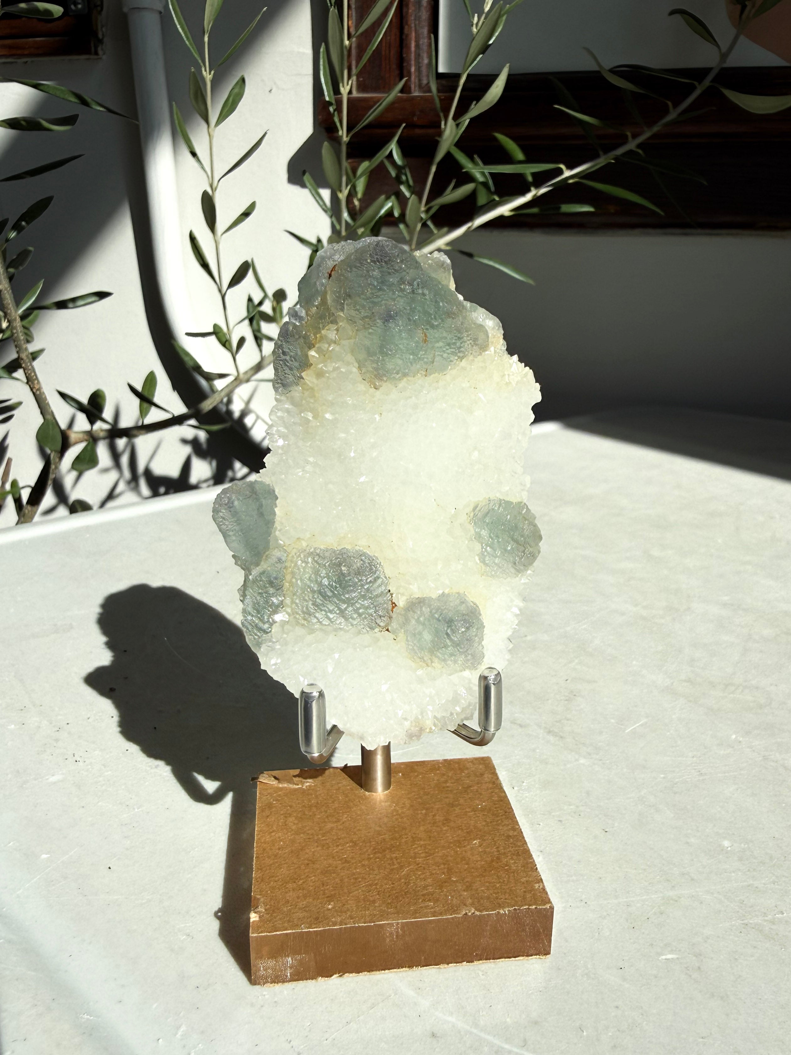 fluorite druzy quartz on wooden and metal stand
