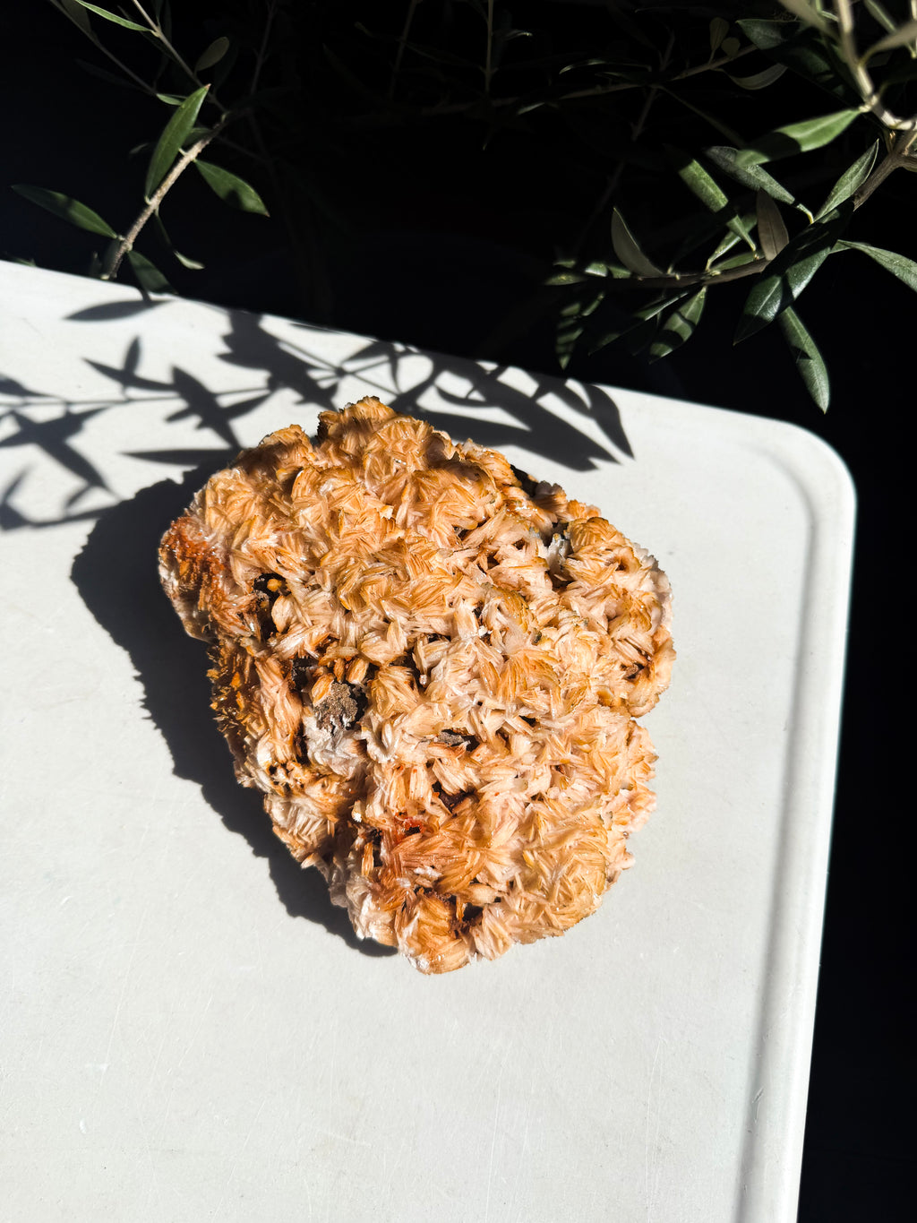 Statement-sized, sparkly orange barite sprinkled with vanadinite