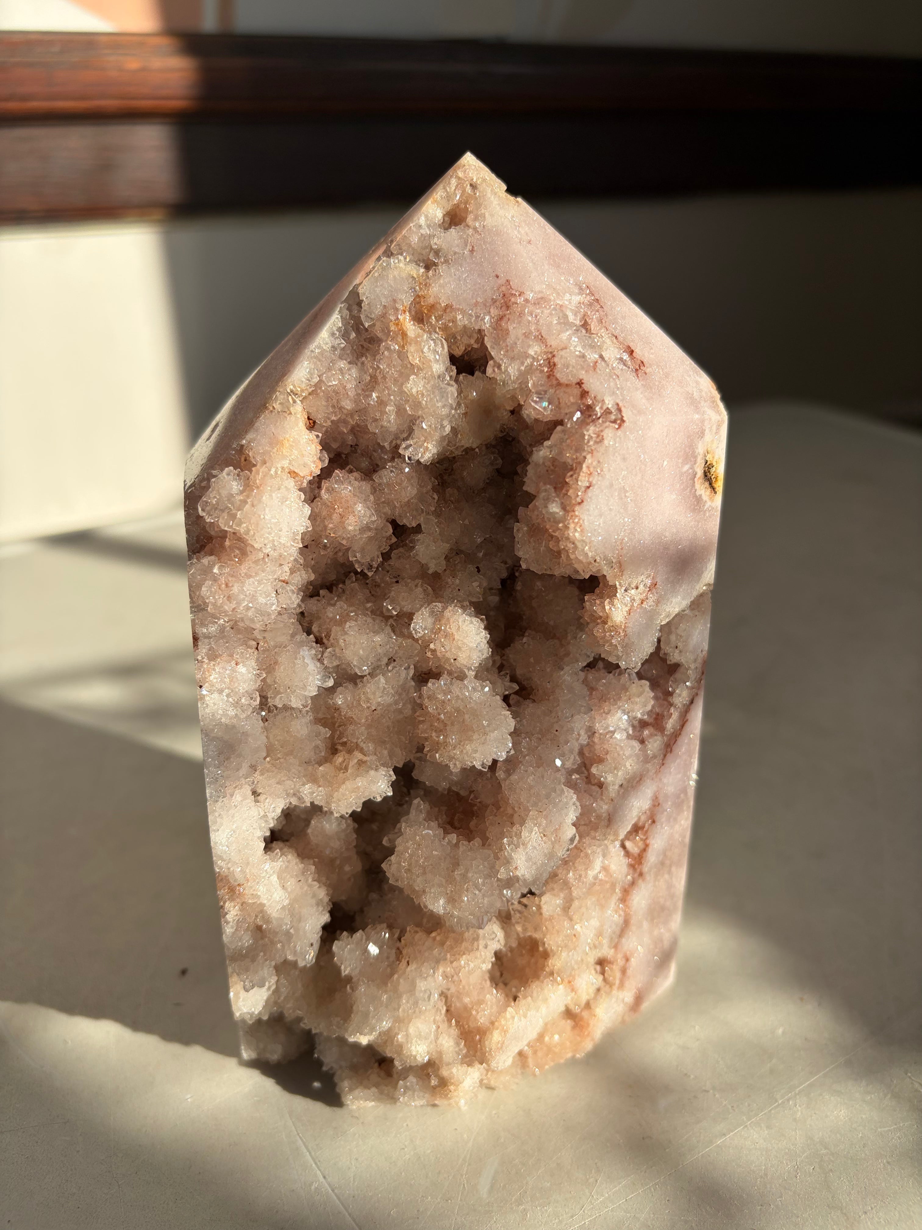 Pink Amethyst Tower with raw amethyst crystals