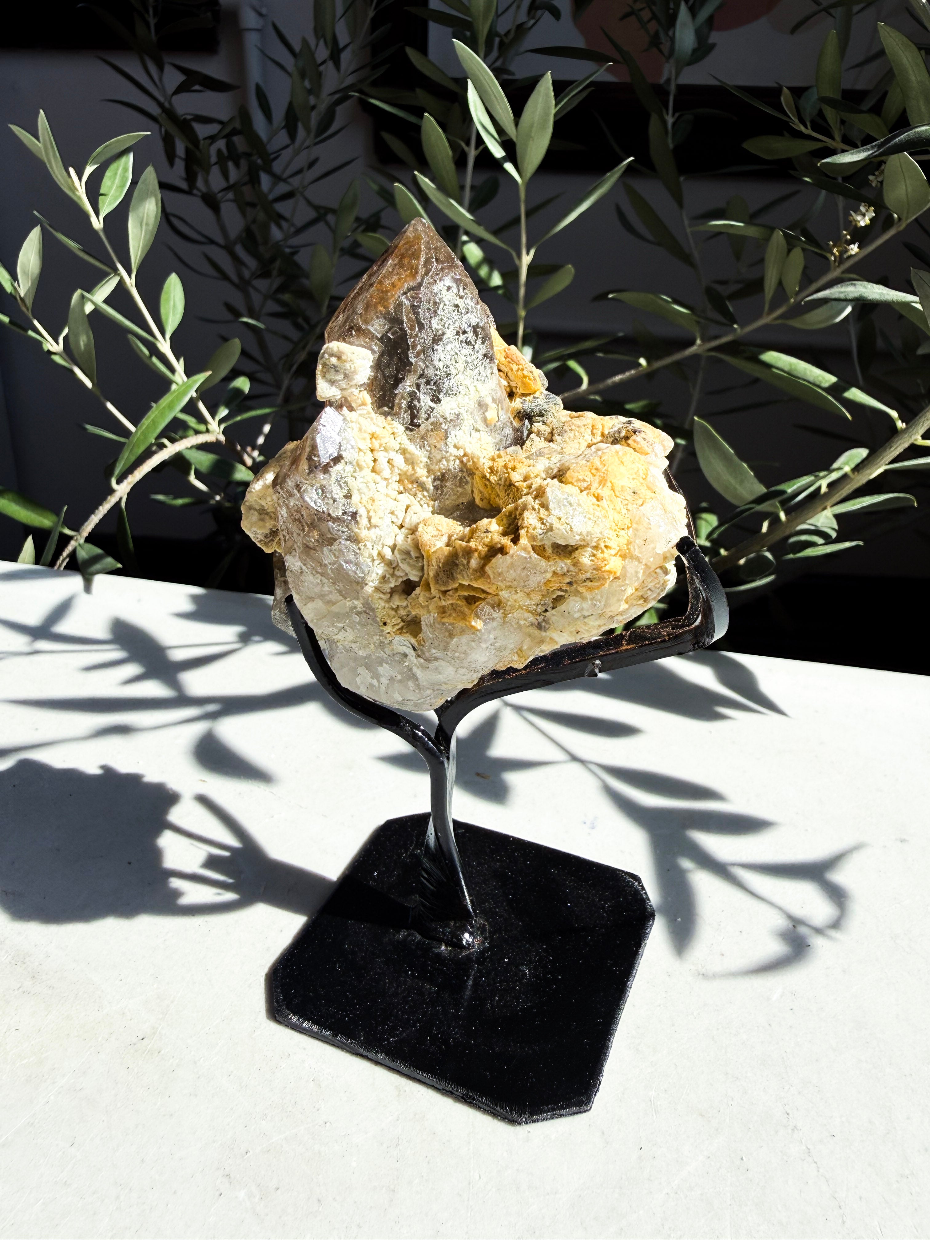 brazilian smoky quartz and lepidolite on custom stand 