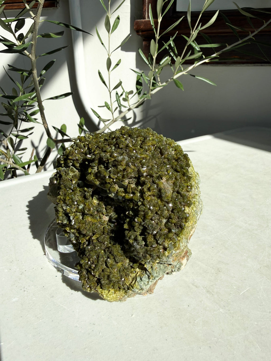 overhead of statement epidote and quartz on marble counter
